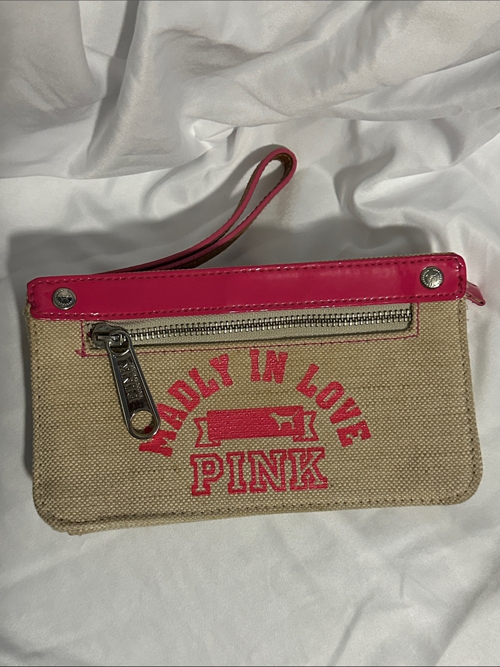 PINK Victoria's Secret Canvas Wristlet with Hot Pink Trim